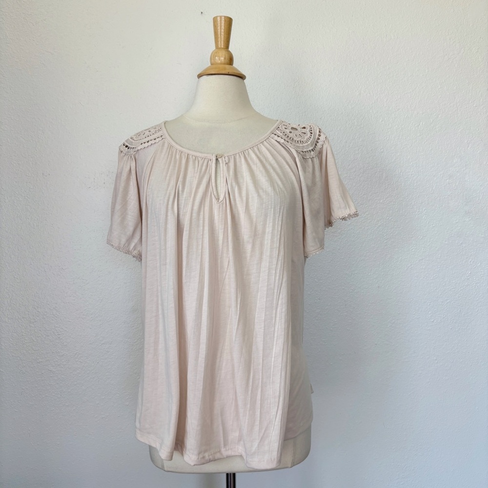 Solid Pastel Pink Crochet Accent Short Sleeve Blouse